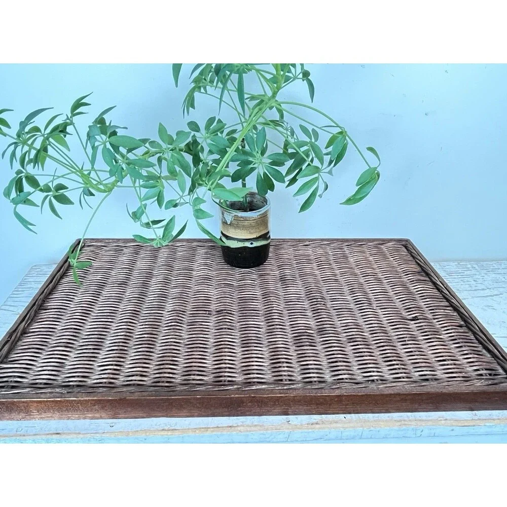 Vintage Deep Brown Rectangular Wicker Rattan And Wooden Serving Breakfast Tray
